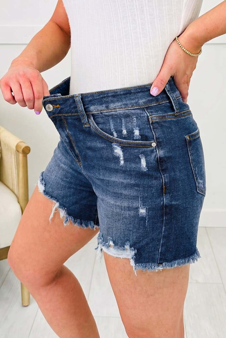 Sail Blue Asymmetric Raw Hem Distressed Whiskery Denim Shorts - Picture 3 of 4